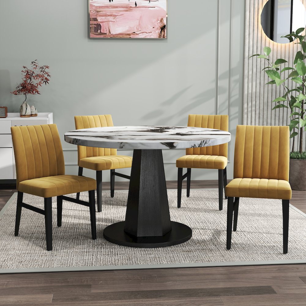5-Piece Dining Set, Off-White Faux Marble Dining Table with Four Chairs, Yellow. Picture 3