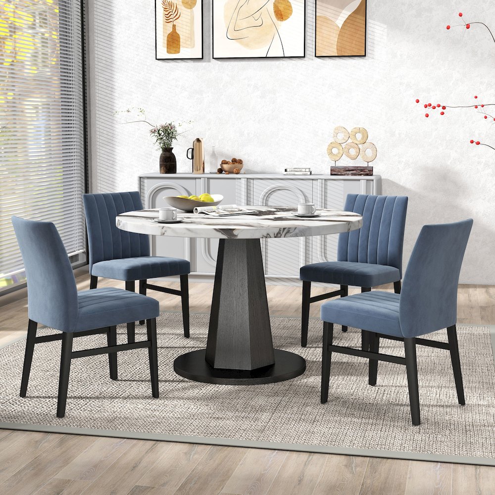 5-Piece Dining Set, Off-White Faux Marble Dining Table with Four Chairs, Blue. Picture 4