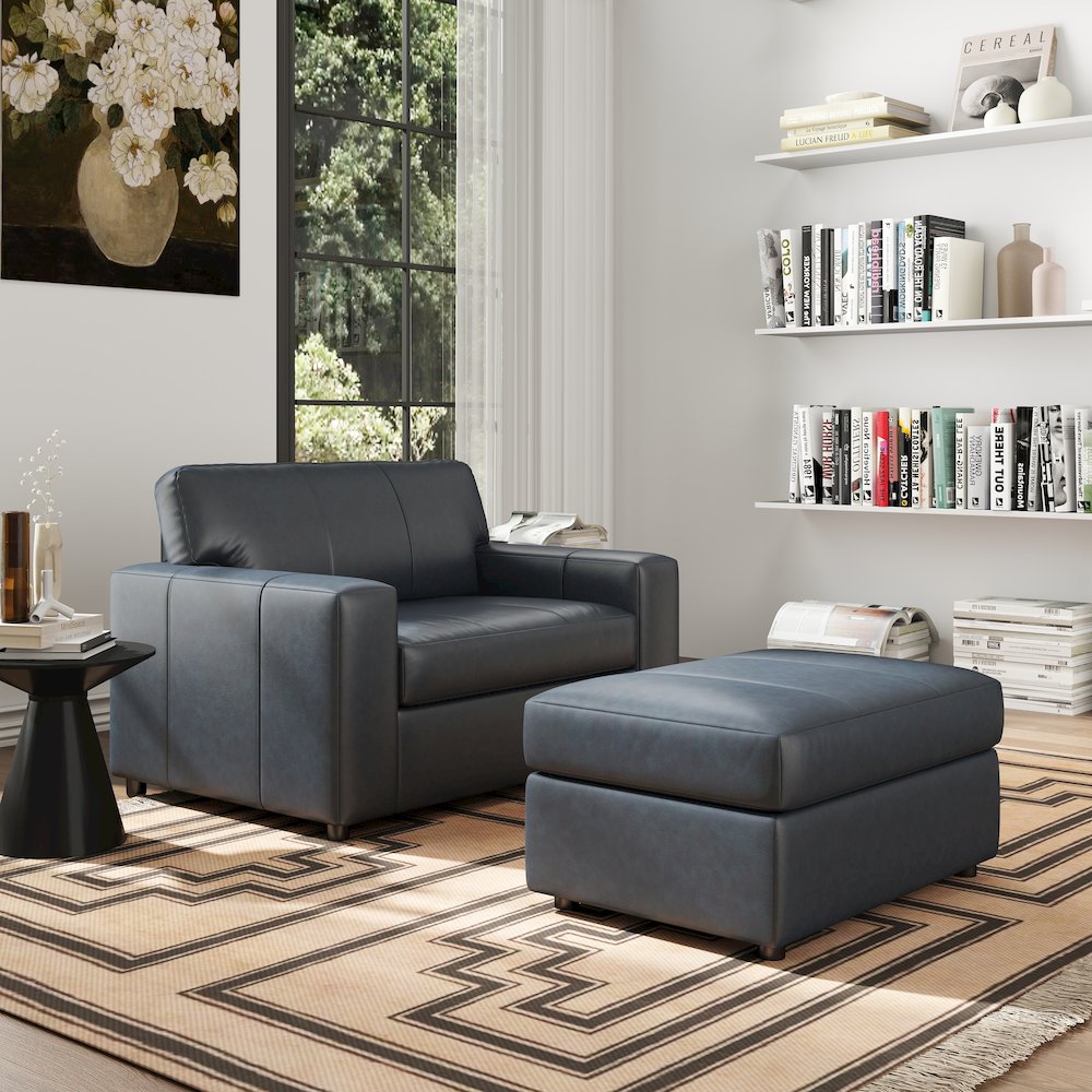 Sakan Leather Upholstered 2-Piece Living Room Set, Cutler Chair and Ottoman. Picture 2