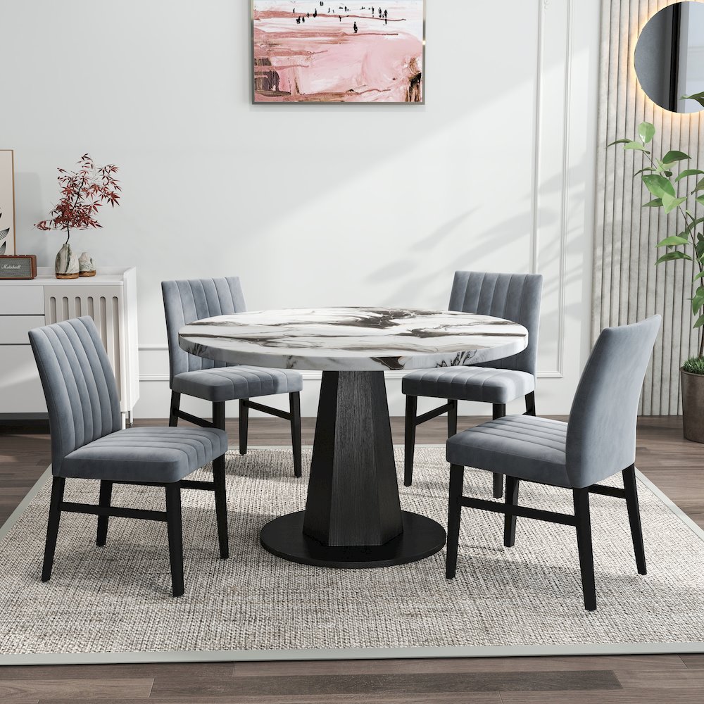 5-Piece Dining Set, Off-White Faux Marble Dining Table with Four Chairs, Gray. Picture 2
