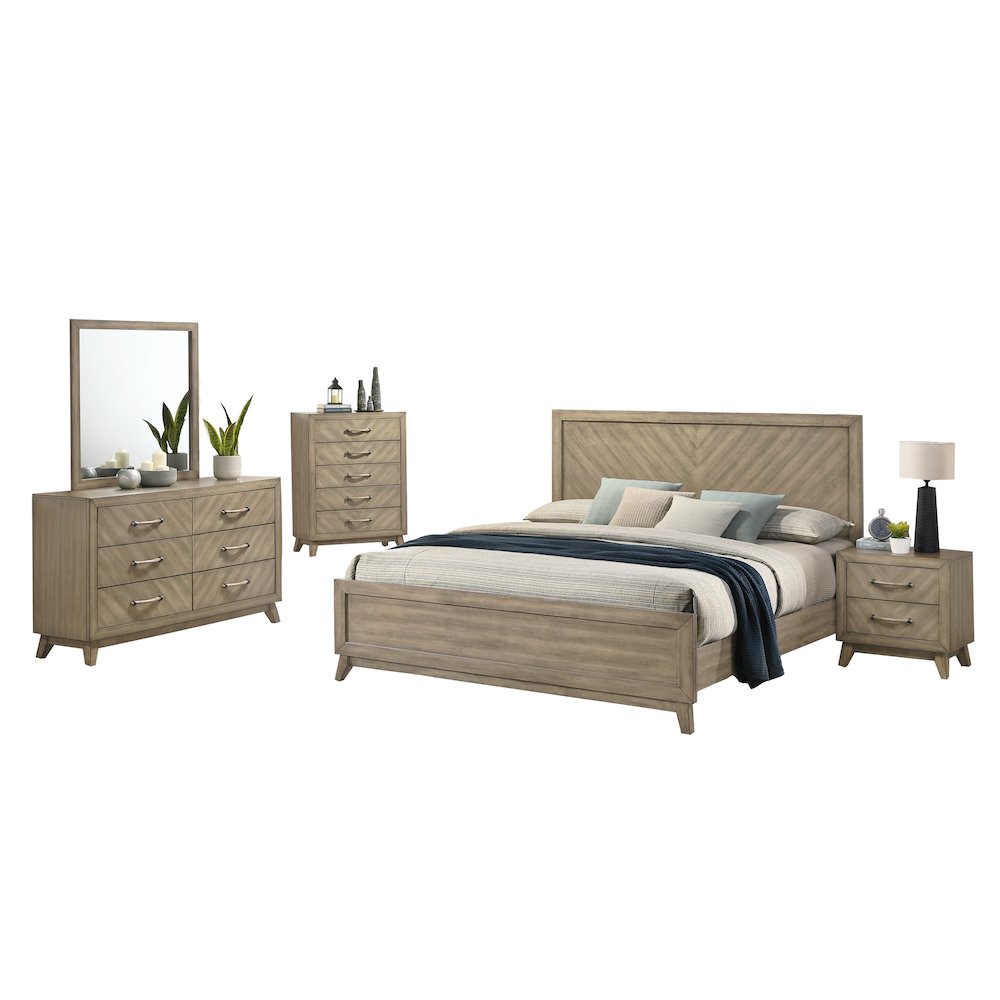 Wood Bedroom Set: Panel Bed, Dresser, Mirror, Nightstand,Chest in Weathered Sand. Picture 1