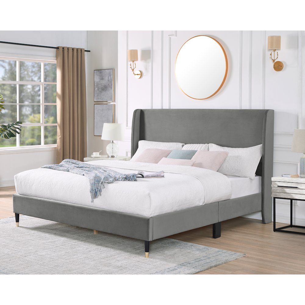 Arles Upholstered Bedroom Set,Wingback Platform Bed with 2Nightstands, Queen. Picture 4