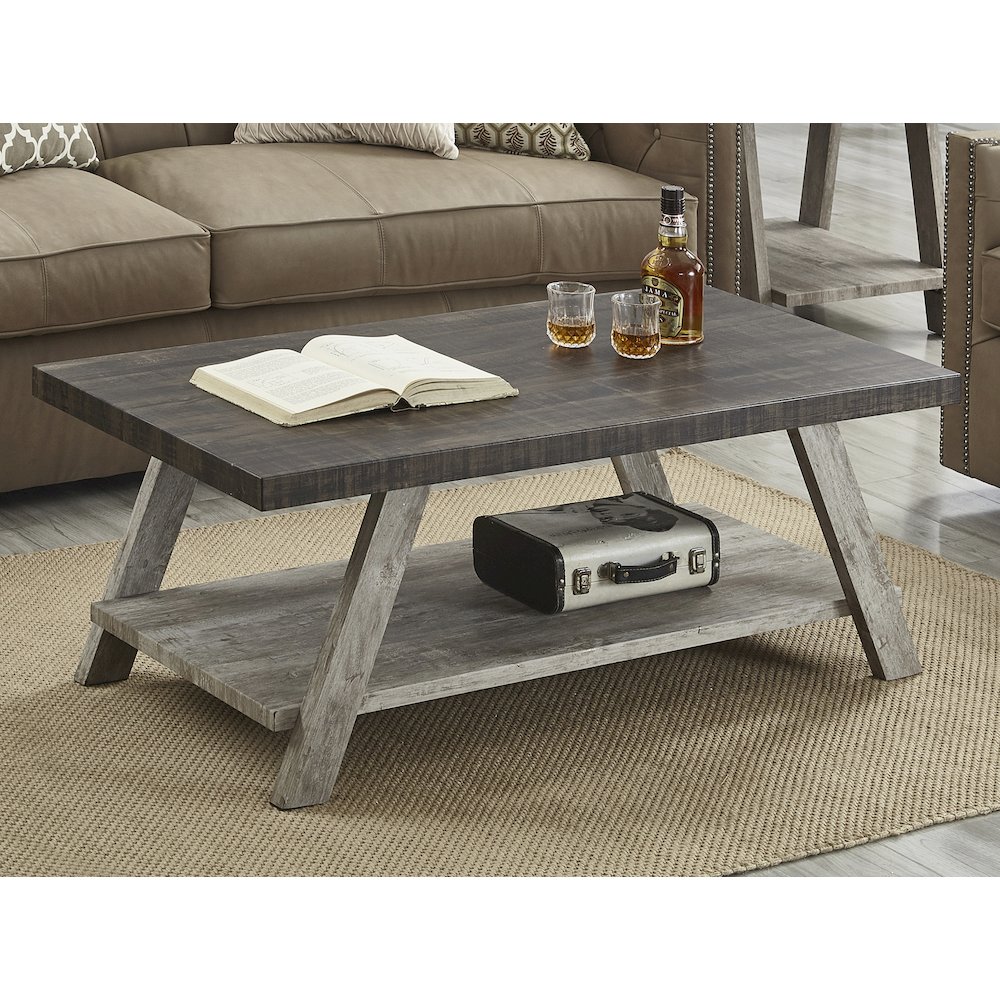 Athens Contemporary Two-Tone Wood Shelf Coffee Table in Weathered Walnut/Gray. Picture 3