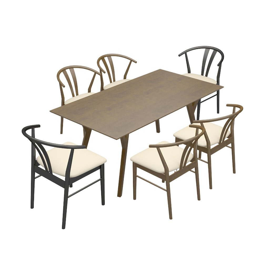 7-Piece Dining Set, Wood Dining Table with 4 Walnut and 2 Black Wishbone Chairs. Picture 1