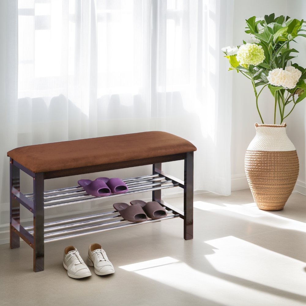 Choa Metal Shoe Bench with Faux Leather Seat, Dark Espresso and Chocolate. Picture 3