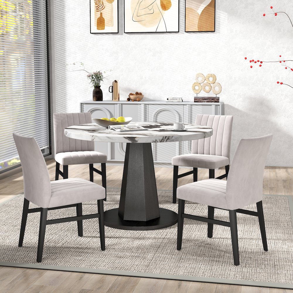 5-Piece Dining Set, Off-White Faux Marble Dining Table with Four Chairs, Tan. Picture 4