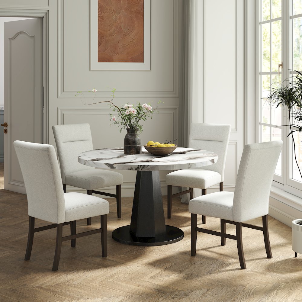 Cavira 5-PC Dining Set, Off-White Faux Marble Table with Four Gray Chairs. Picture 3