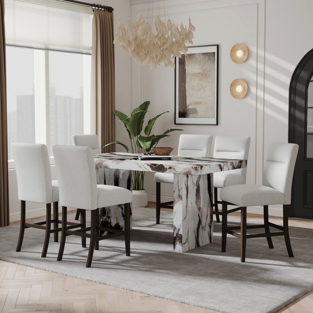 Cavira 7-Piece Modern Faux Marble Dining Set, Counter Height Table with 6 Chairs. Picture 2