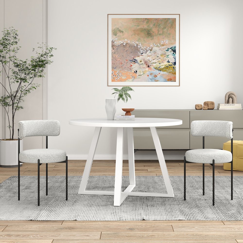 Durban 3-Pc Round Dining Set, Trestle Dining Table with 2 Boucle Chairs. Picture 2