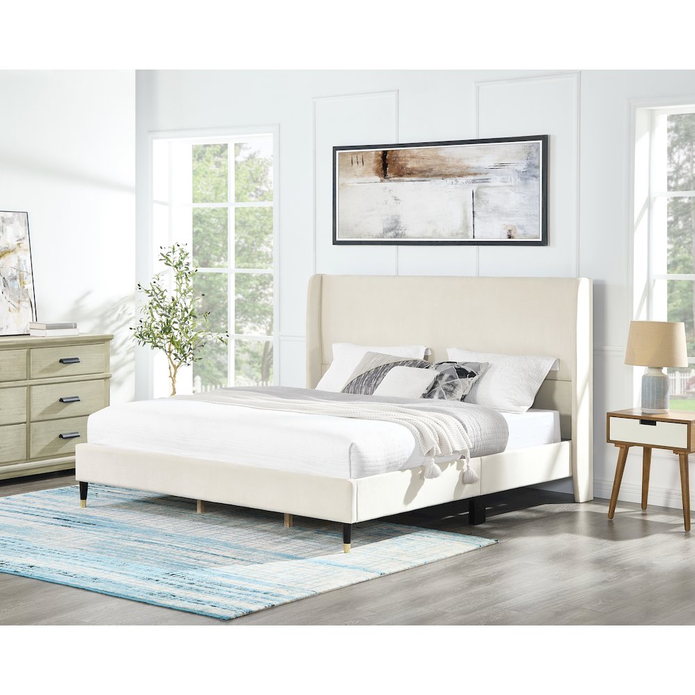 Rozitta Beige Velvet Wingback Platform Bed, King. Picture 2