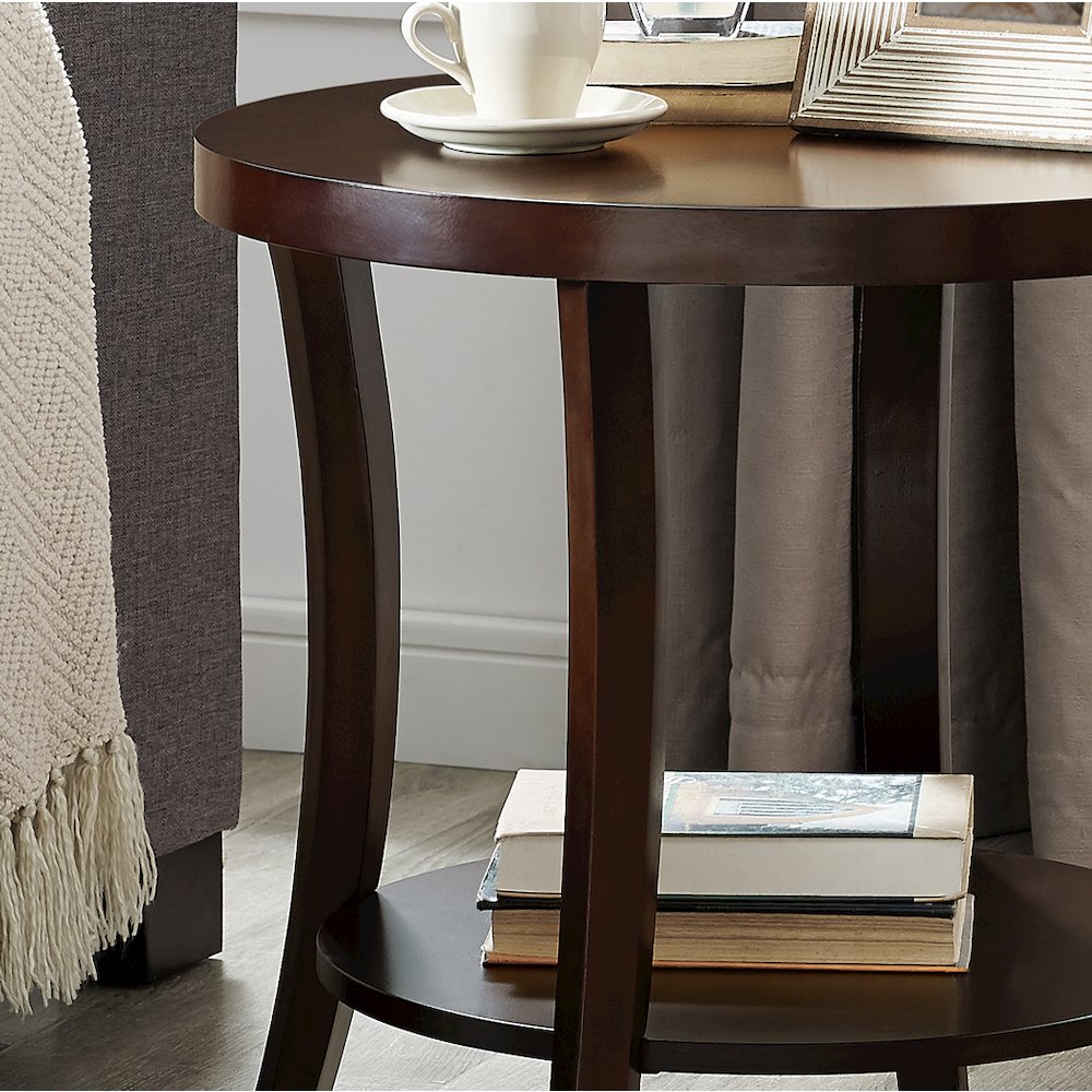 Perth Espresso Round End Table with Shelf. Picture 4
