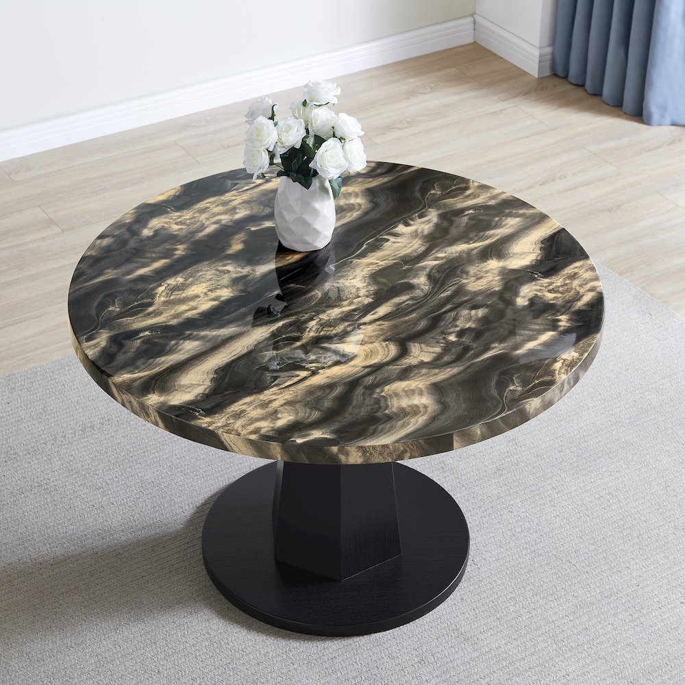 Cavira 5-PC Dining Set, Black and Gold Faux Marble Table with Four Gray Chairs. Picture 5