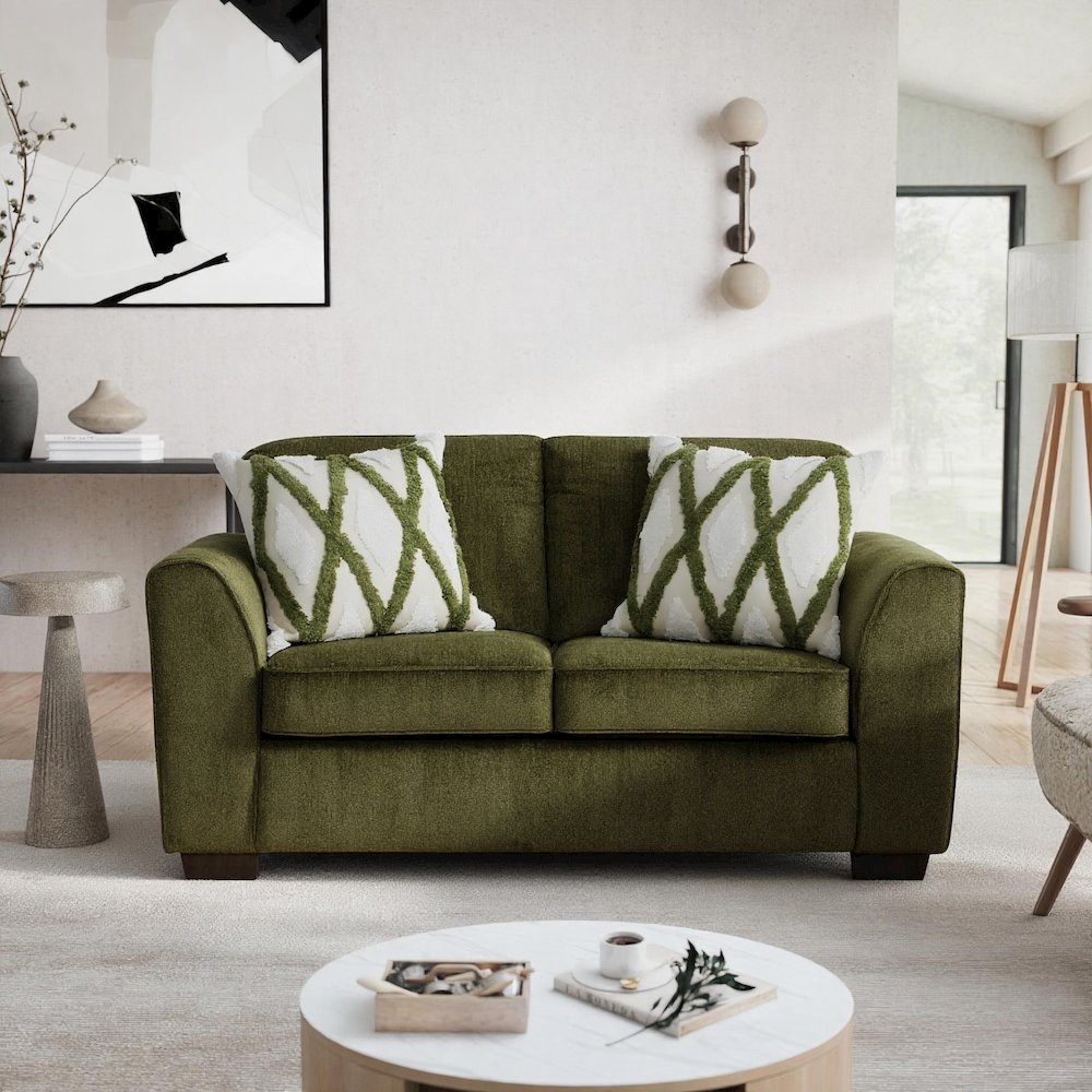 Marvella Living Room Loveseat with Mosswood Chenille Upholstery, Accent Pillows. Picture 5