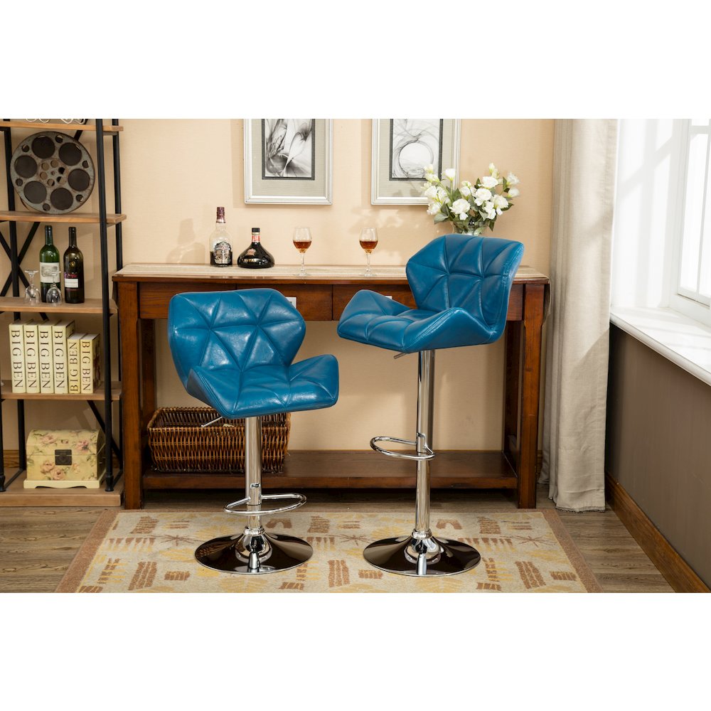 Glasgow Contemporary Tufted Adjustable Height Blue Bar Stools, Set of 2. Picture 2