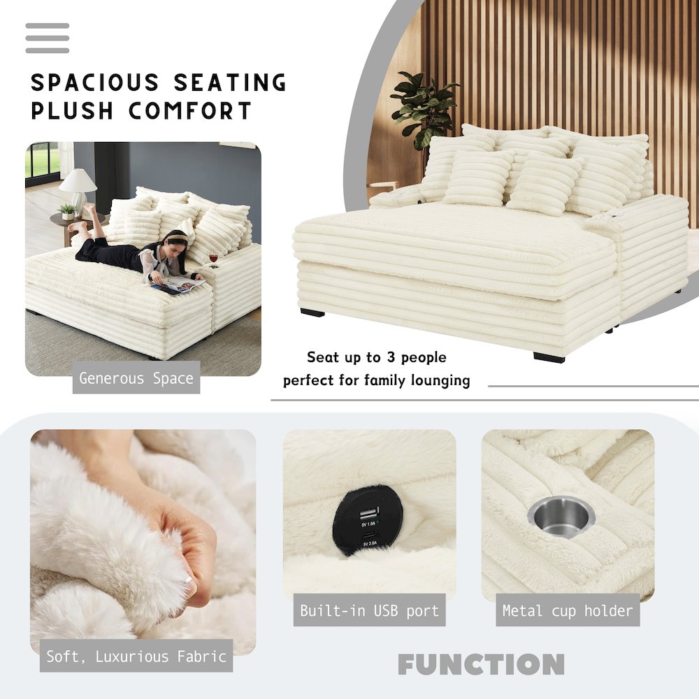 Gaviella Wide Wale Corduroy Oversized Multi-Functional Chaise Lounge, White. Picture 6