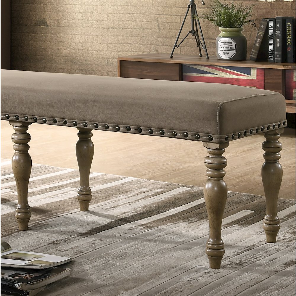 Birmingham Microfiber Upholstered Bench with Nail Head Trim in Driftwood Finish. Picture 4
