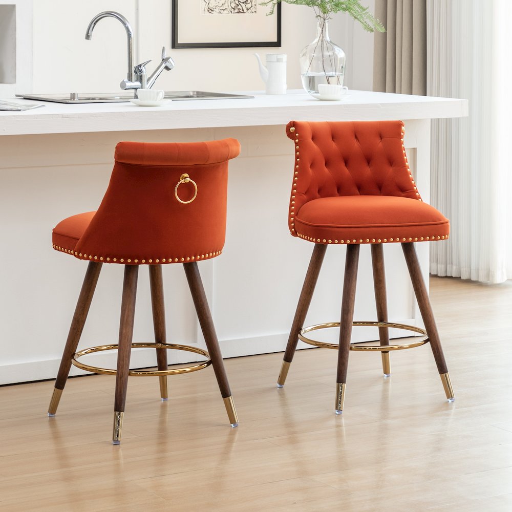 Elvara Set of 2 Button-Tufted Counter Stools with Nailhead Trim - Orange. Picture 2