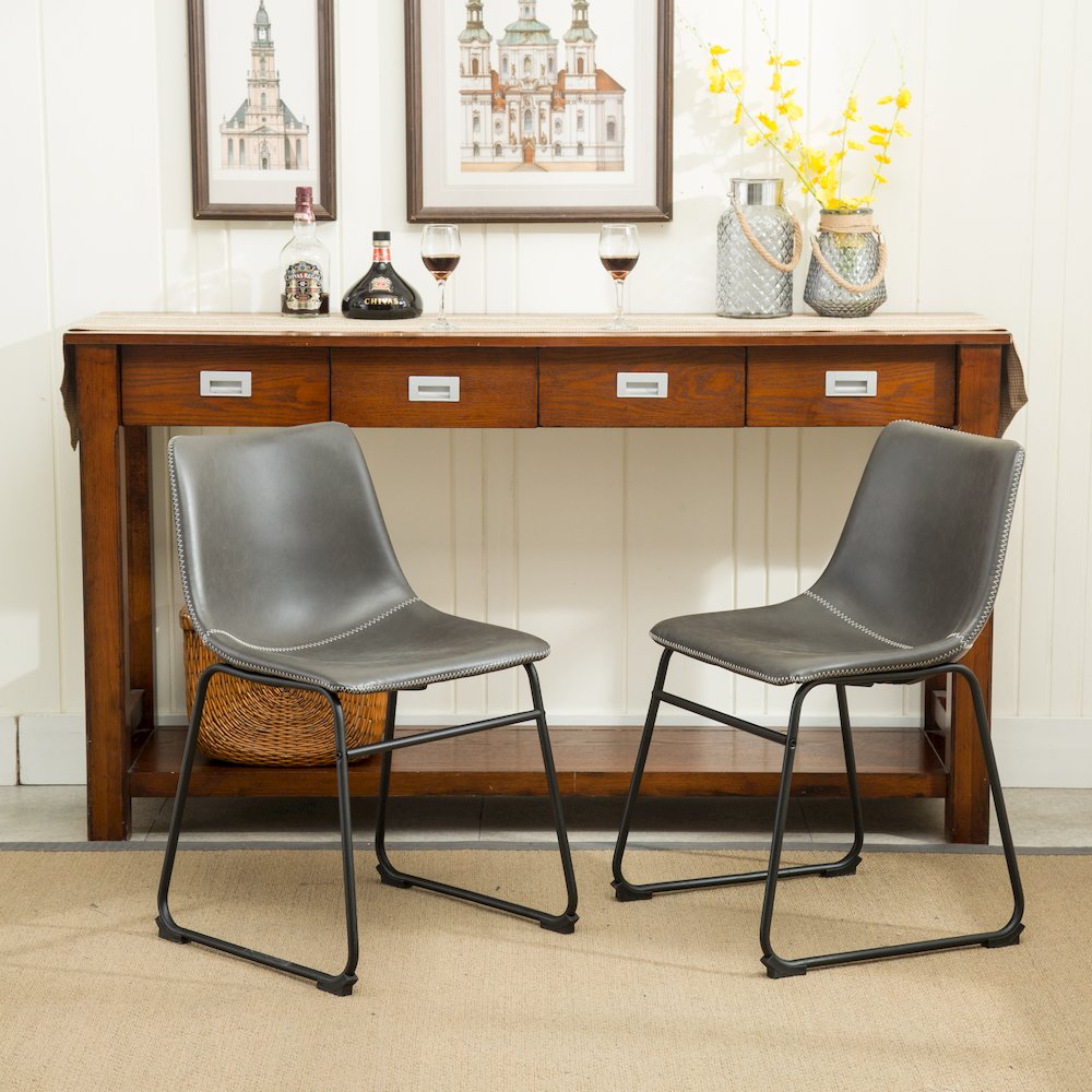 7-Piece Antique Black Finish Wood Dining Table, 6 Gray Faux Leather Chairs Set. Picture 8