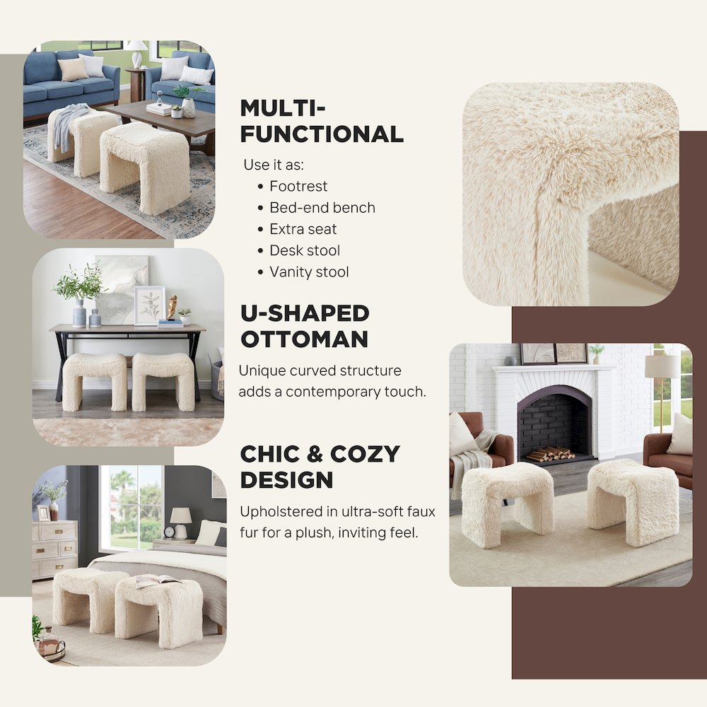 Zorya Contemporary Faux Fur U-Shaped Ottoman, Set of 2. Picture 8