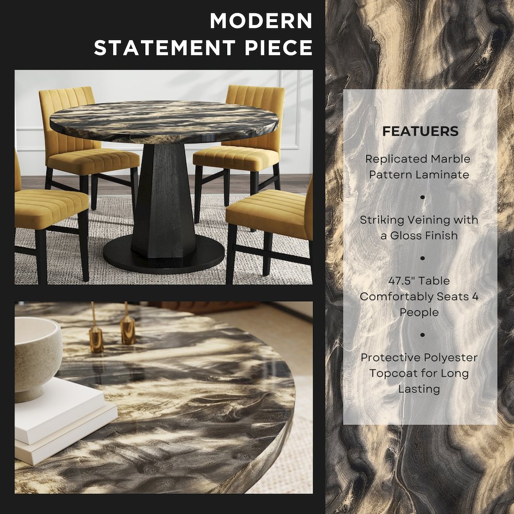 5-Piece Dining Set, Black and Gold Faux Marble Dining Table Four Chairs, Yellow. Picture 6
