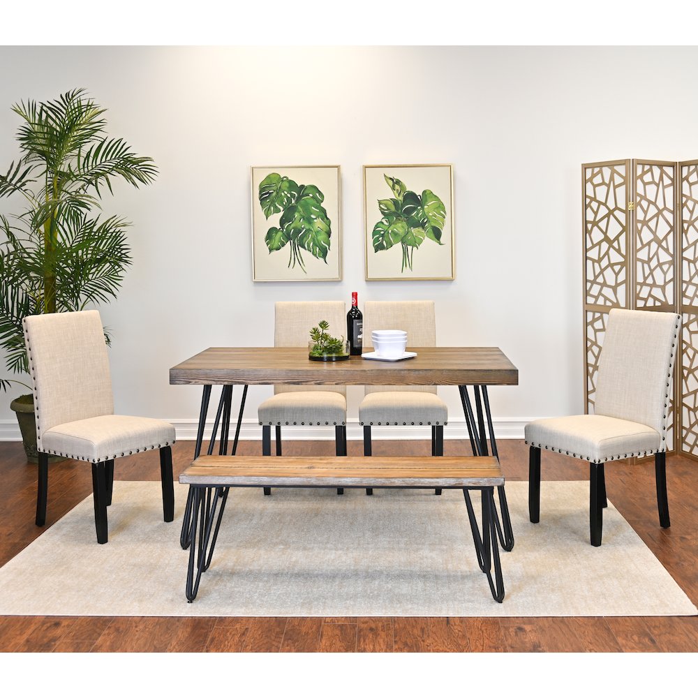Amisos 6-Pc Dining Set, Hairpin Dining Table with 4 Chairs and Wood Bench, Tan. Picture 2