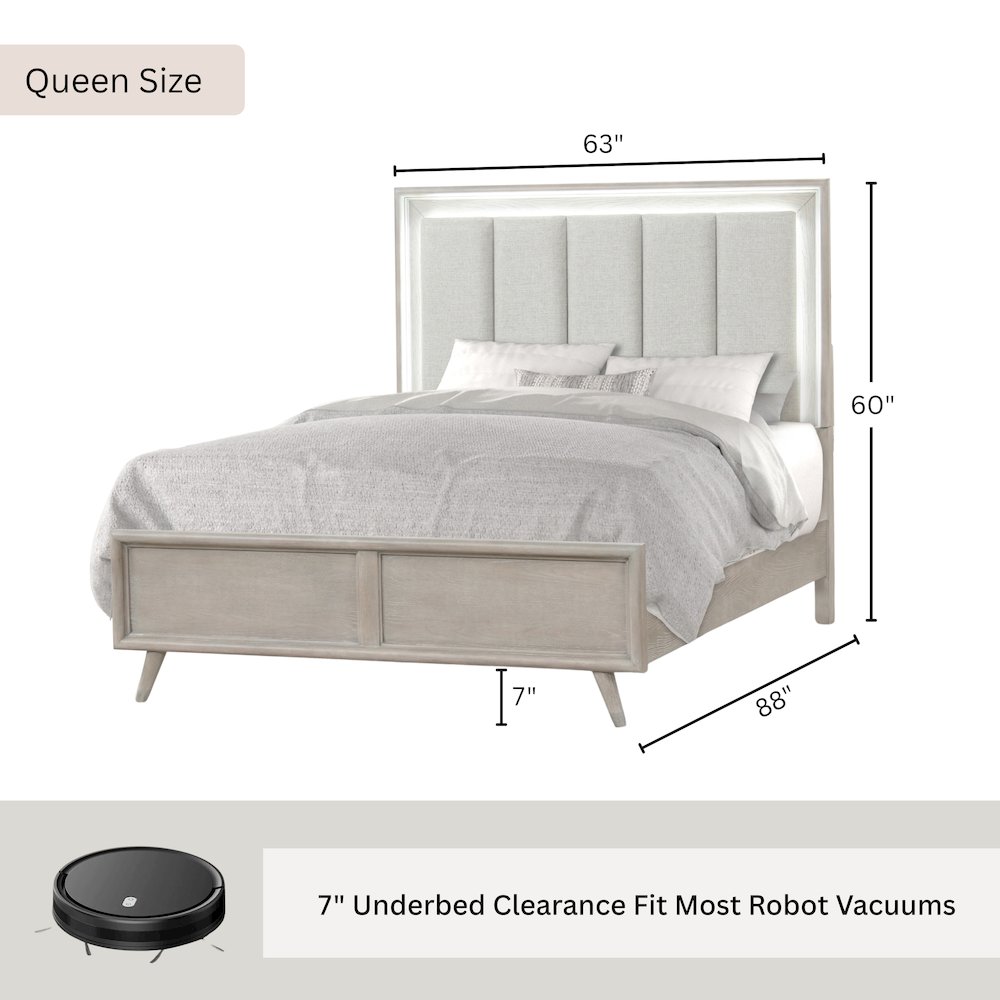 Seluna LED Lighting Panel Bed, Upholstered Headboard, Gray Oak Finish, Queen. Picture 10