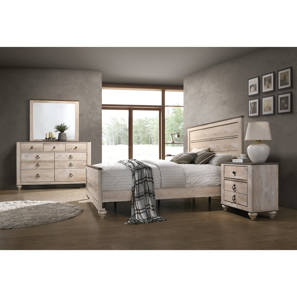 White Wash Finish 4-Piece Bedroom Set-Queen Bed, Dresser, Mirror, Nightstand. Picture 2