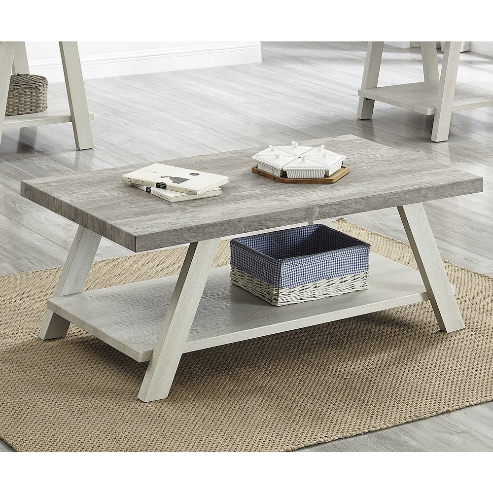 Athens Contemporary Two-Tone Wood Shelf Coffee Table in Weathered Gray and Beige. Picture 3