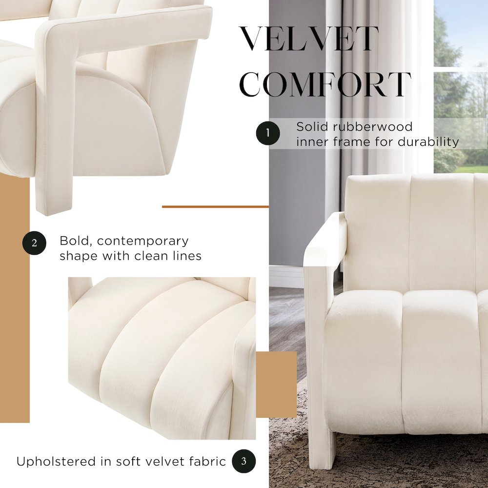 Velmor Contemporary Velvet Accent Armchair, Ivory. Picture 8