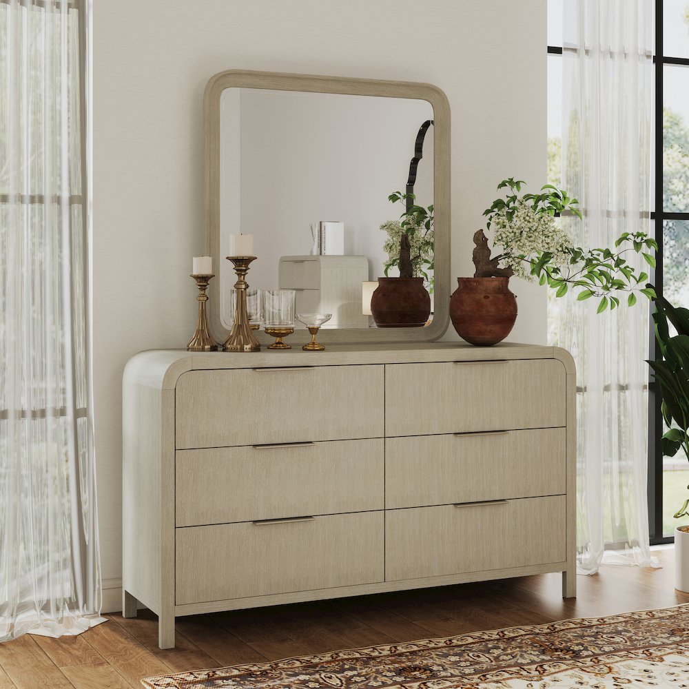 Tavari Contemporary 6-Drawer Wood Dresser with Mirror, Light Gray. Picture 11