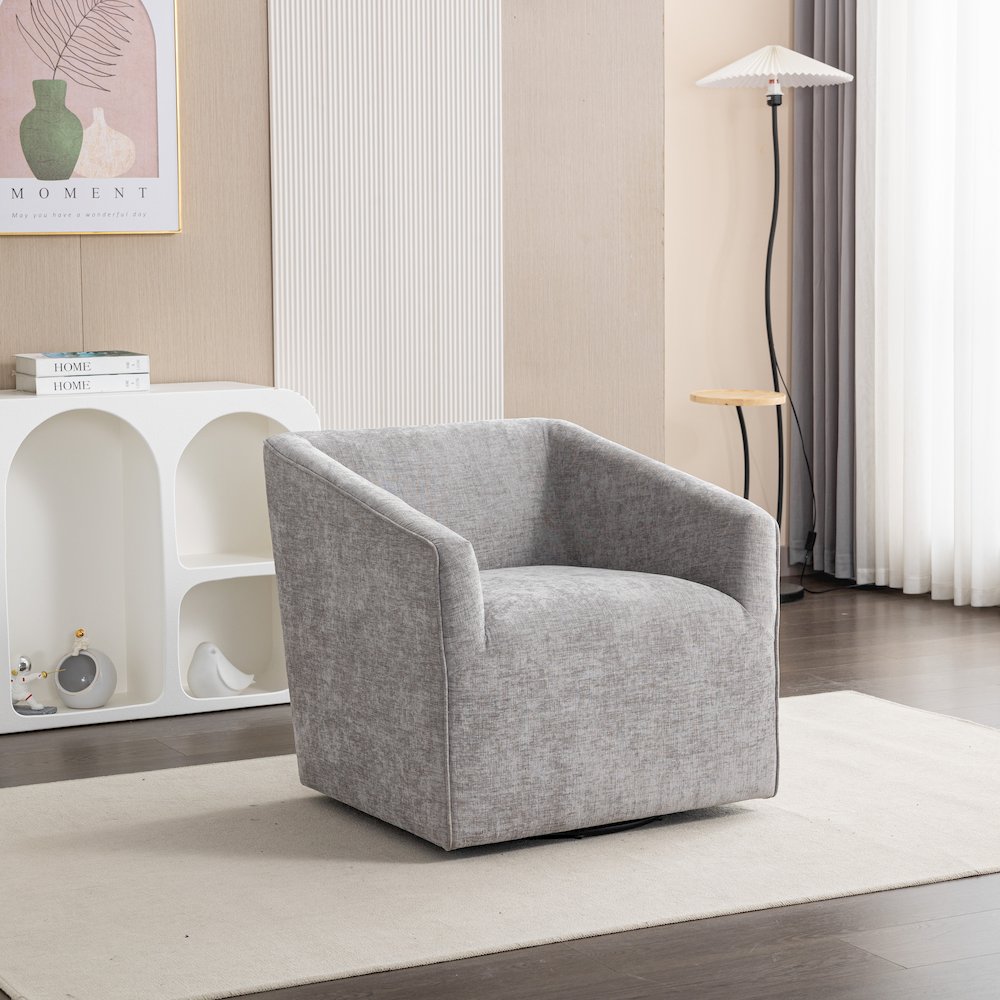 Nice Modern Upholstered Barrel Armchair, 360 Degree Swivel, Gray. Picture 2