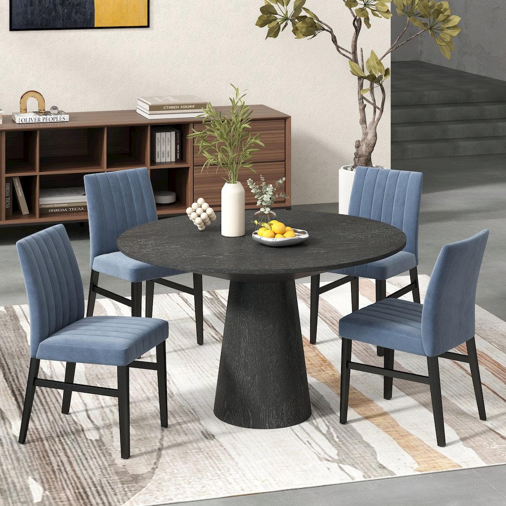 Butler 5-Piece Round Dining Set, Pedestal Dining Table with 4 Side Chairs, Blue. Picture 3