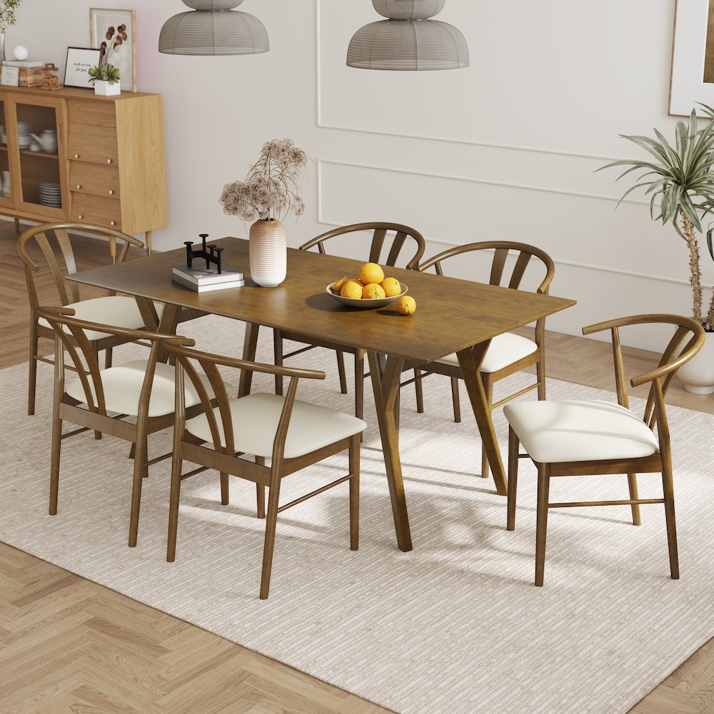 7-Piece Dining Set, Walnut Finished Dining Table with 6 Brown Wishbone Chairs. Picture 2