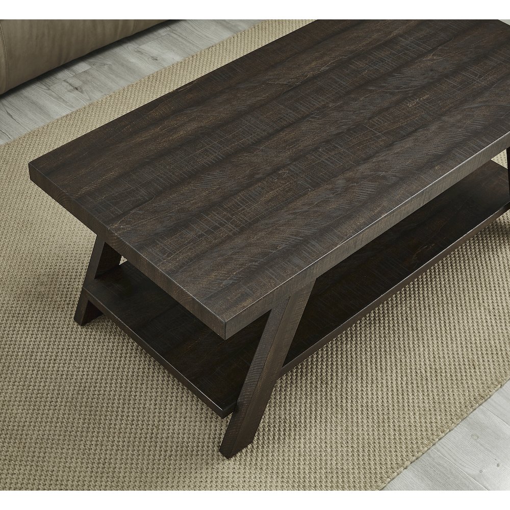 Athens Contemporary Wood Shelf Coffee Table in Weathered Espresso. Picture 4