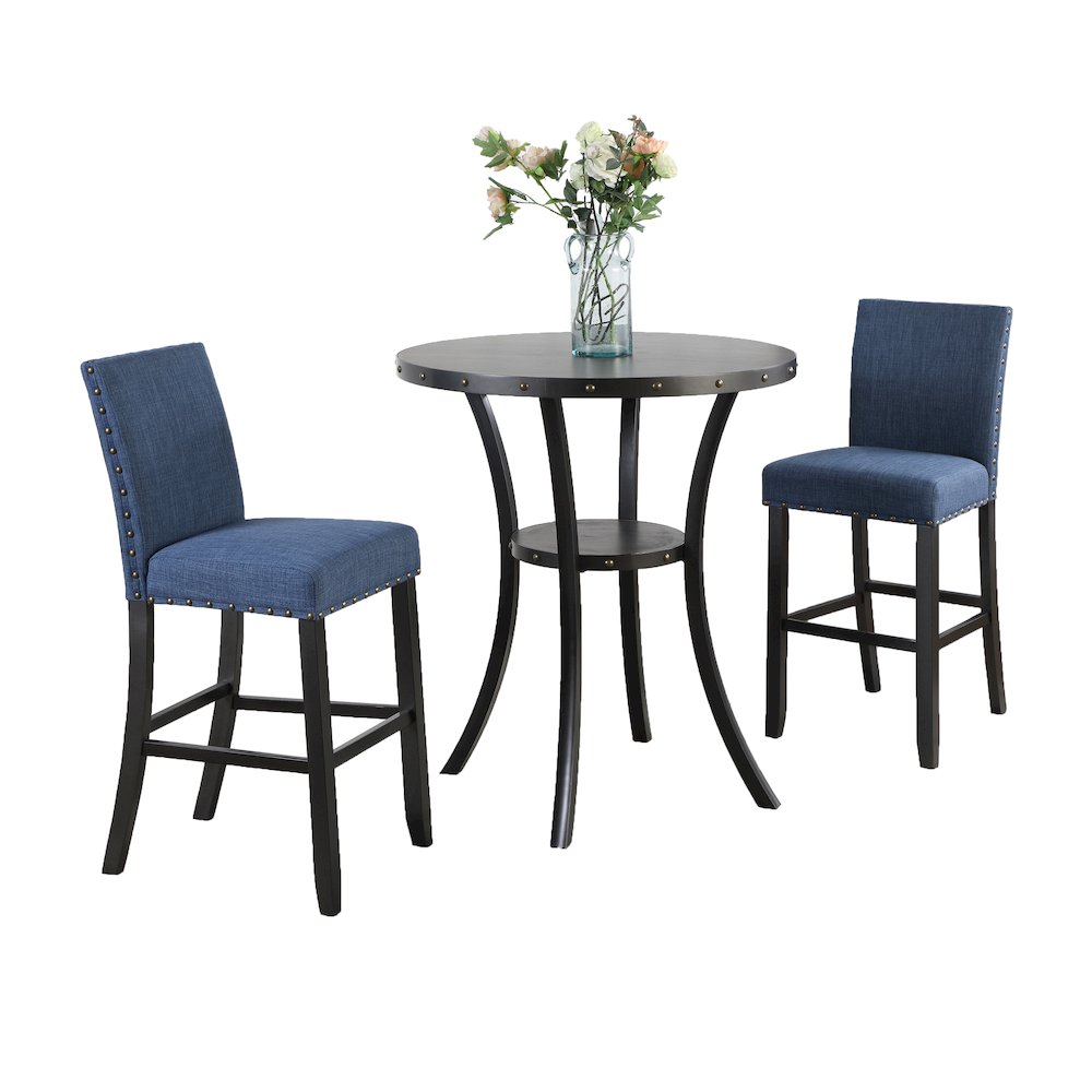 Biony 3-Pc 36" Round Espresso Finish Bar Table with 2 Blue Pub Chairs. Picture 9