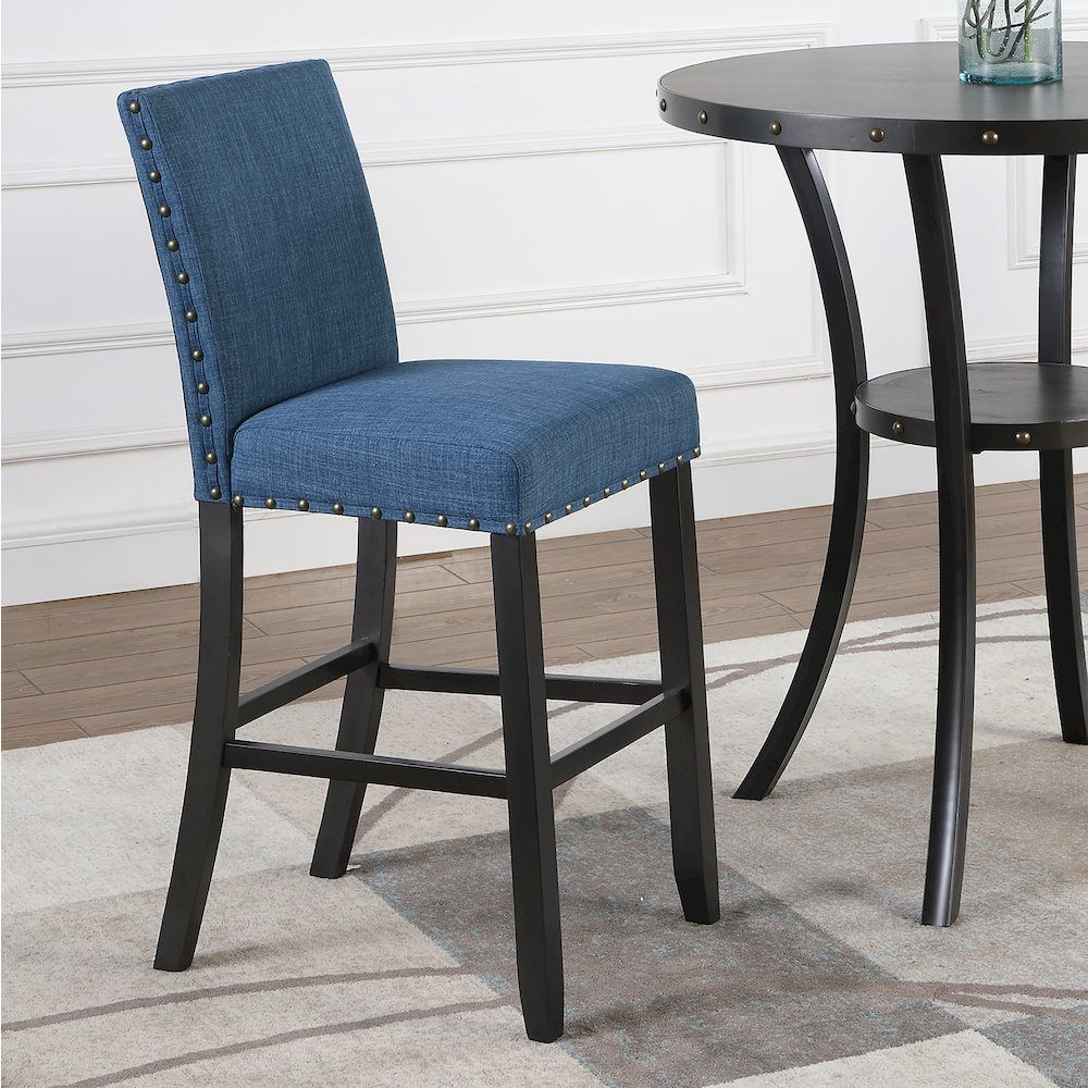Biony 3-Pc 36" Round Espresso Finish Bar Table with 2 Blue Pub Chairs. Picture 3
