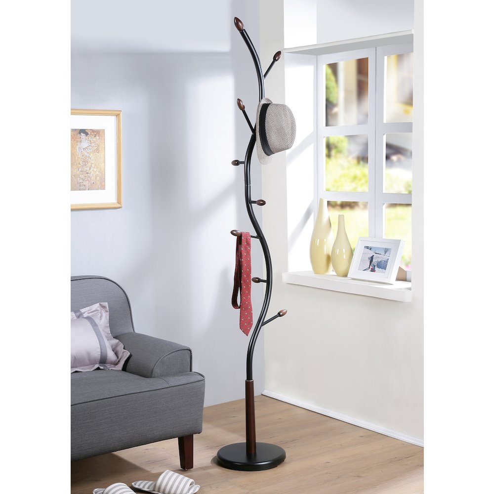 Arles Metal Black and Walnut Standing Coat Rack. Picture 6