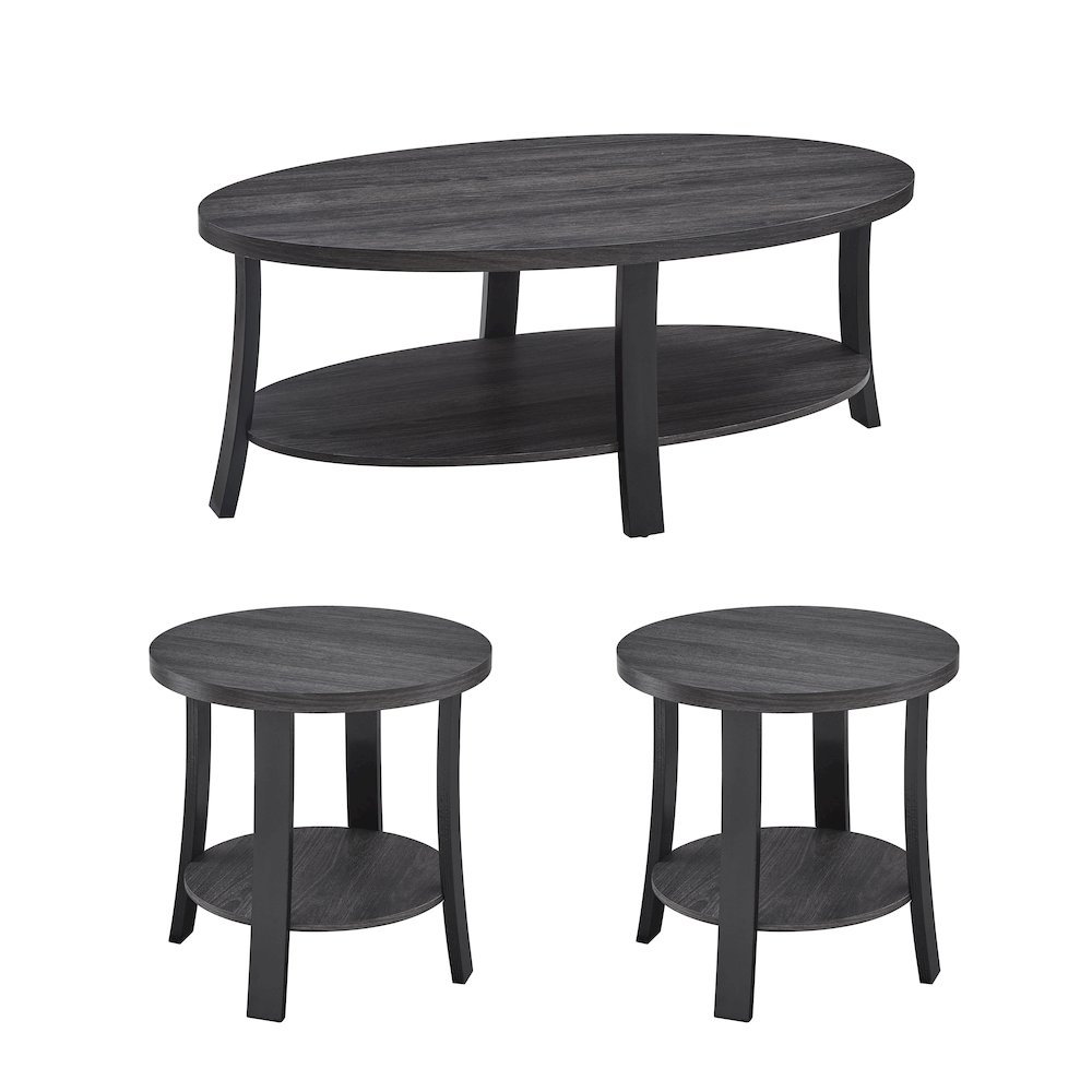 Anze Contemporary Oval Wood Shelf 3-Pc Coffee Table Set in Charcoal Finish. Picture 1