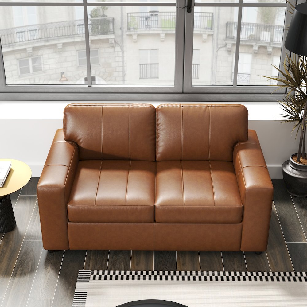 Sakan Leather Upholstered Loveseat, Caramel. Picture 4