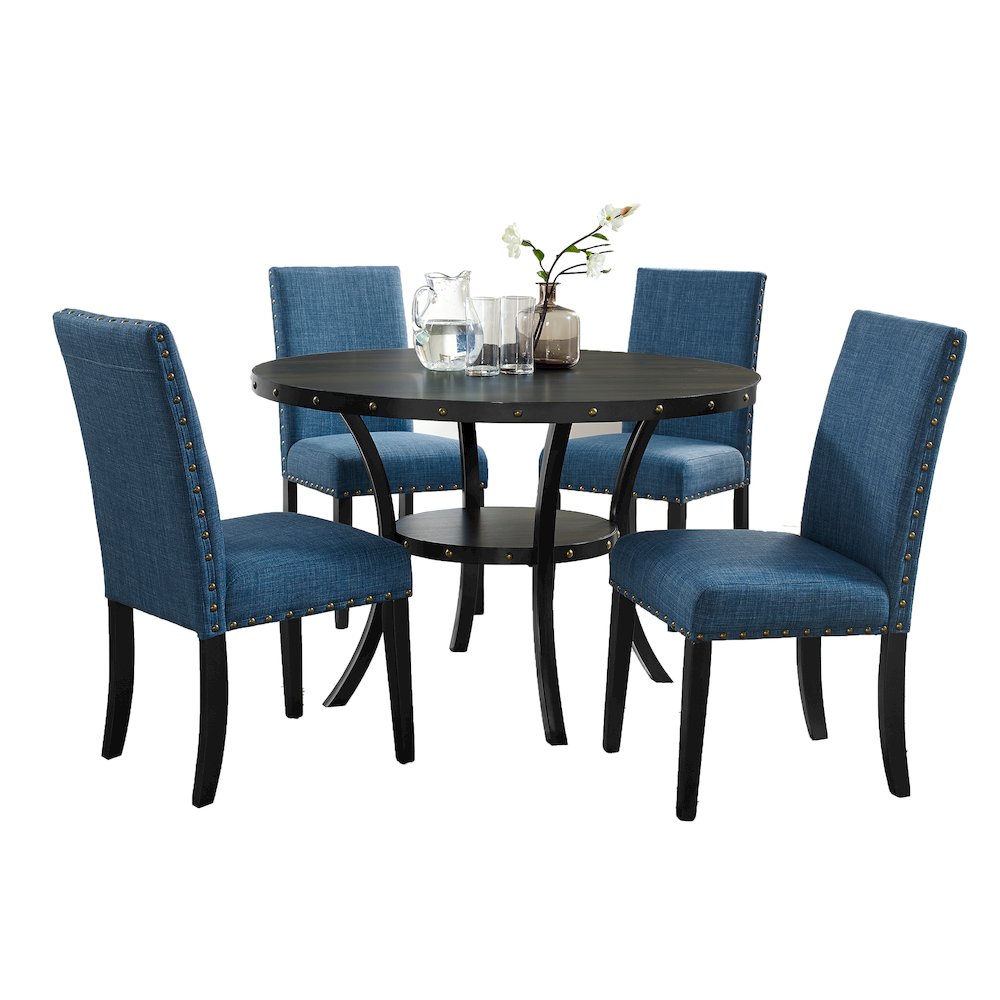 Biony Espresso Wood Dining Set with Blue Fabric Nailhead Chairs, 5-Pc. Picture 8