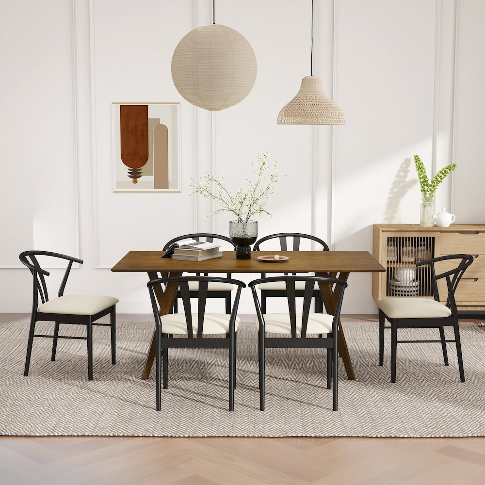 7-Piece Dining Set, Walnut Finished Dining Table with 6 Black Wishbone Chairs. Picture 3