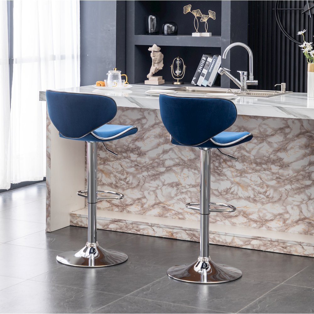 Masaccio Velvet Upholstered Adjustable Swivel Barstool, Set of 2, Blue. Picture 6