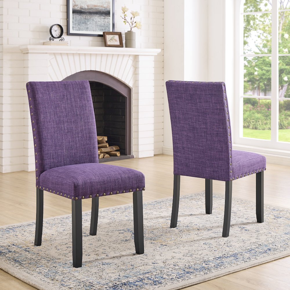 Biony Espresso Wood Dining Set with 4 Fabric Nailhead Chairs, Purple. Picture 7