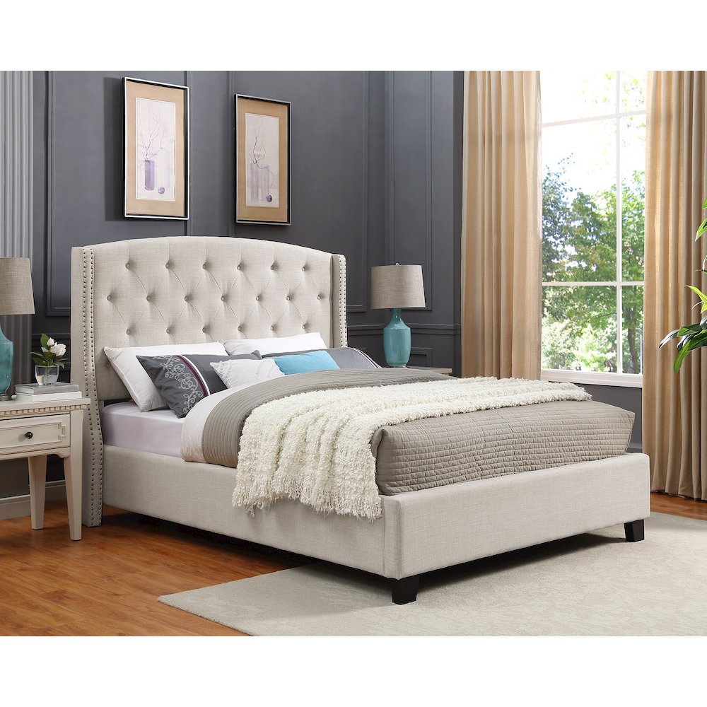 Nantarre Fabric Button Tufted Wingback King Bed with Nail Head Trim, Tan. Picture 3