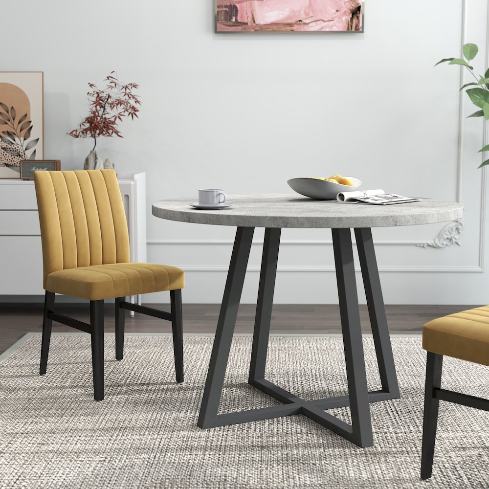 Edo 5-Piece Dining Set, Round Trestle Table and 4 Chairs, Gray and Yellow. Picture 7