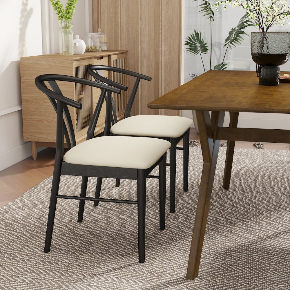 7-Piece Dining Set, Walnut Finished Dining Table with 6 Black Wishbone Chairs. Picture 8