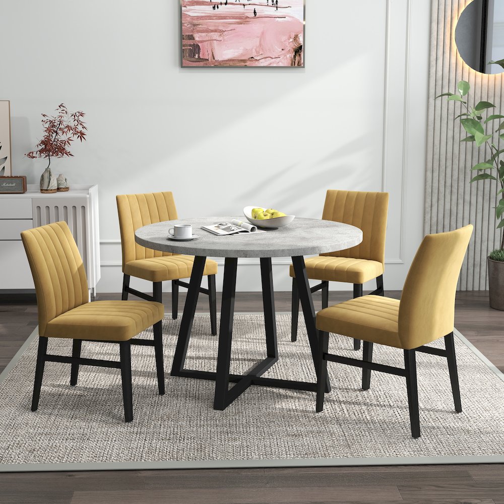 Edo 5-Piece Dining Set, Round Trestle Table and 4 Chairs, Gray and Yellow. Picture 2
