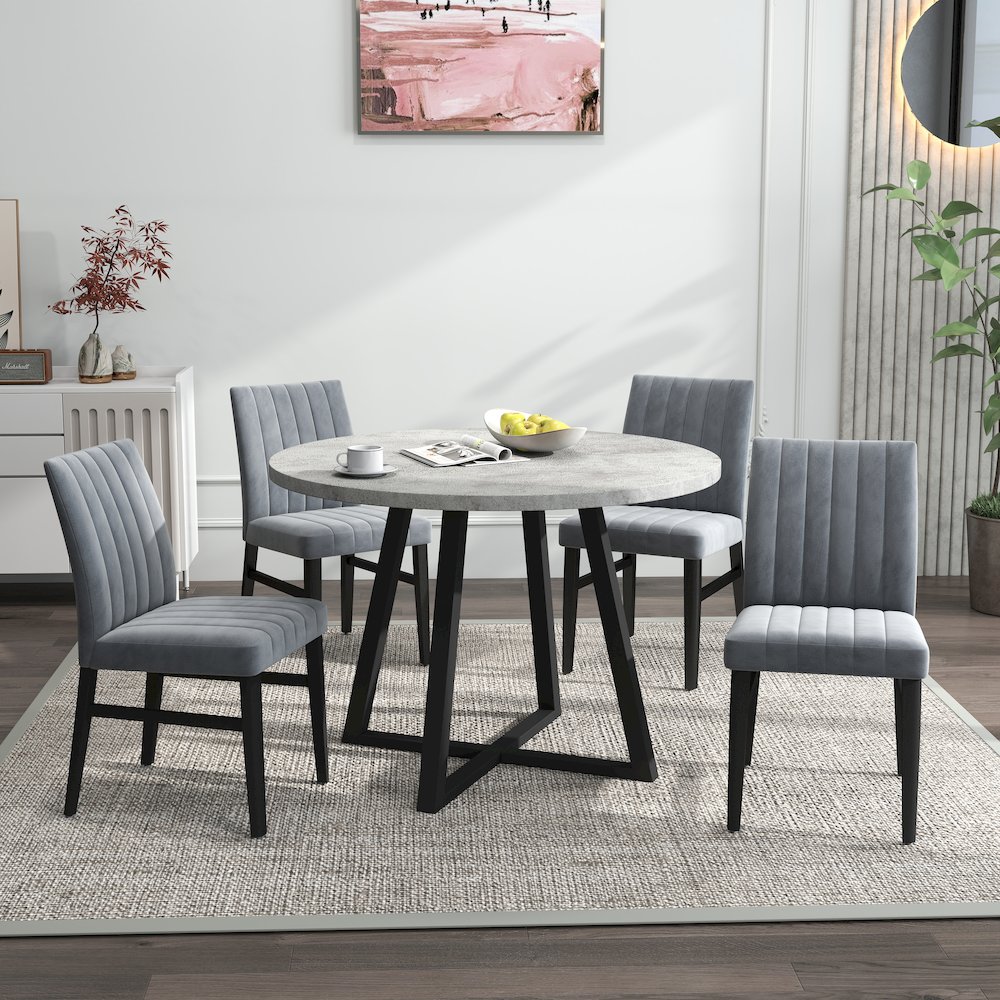 Edo 5-Piece Dining Set, Round Trestle Table and 4 Upholstered Chairs, Gray. Picture 3