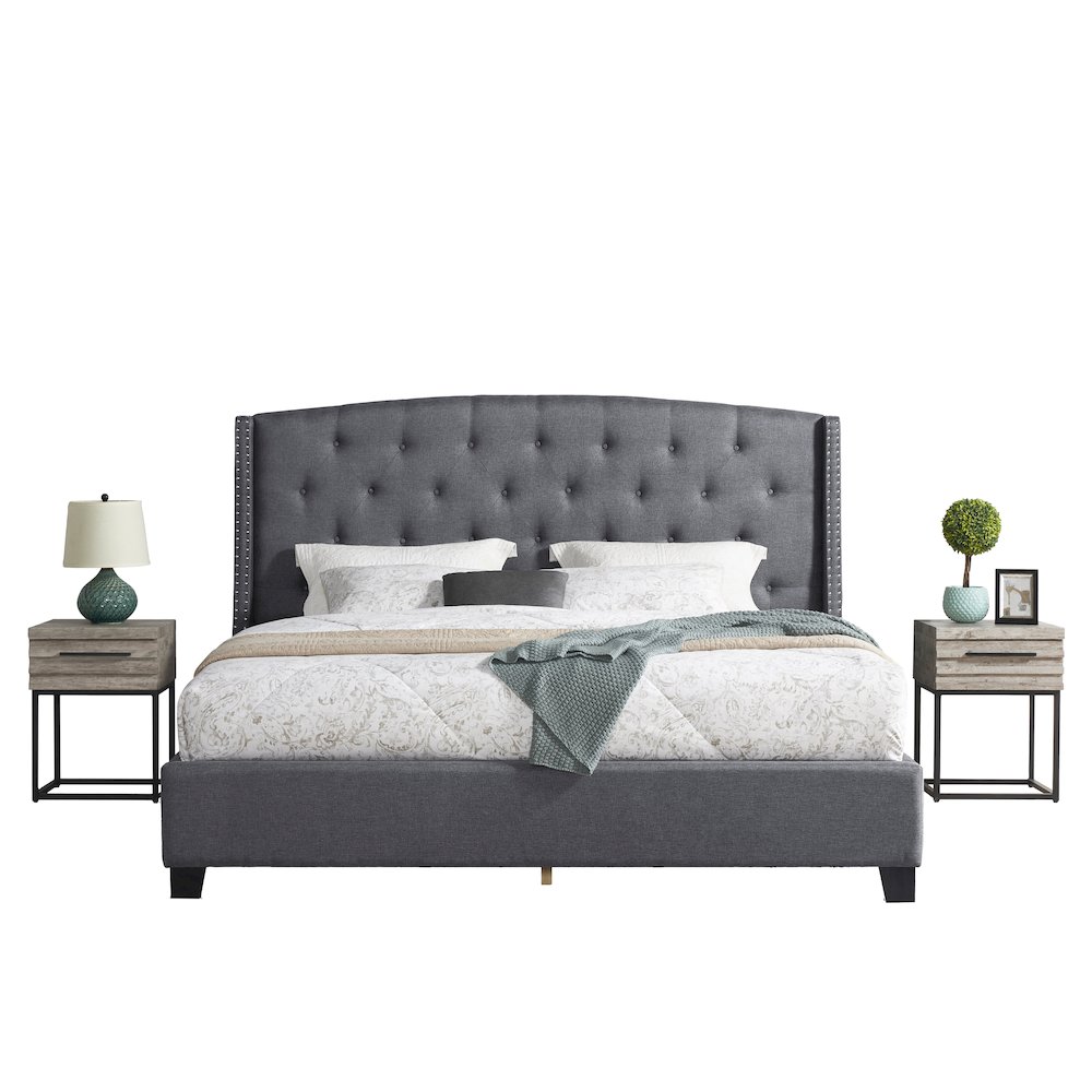 3-Piece Upholstered Bedroom Set, Tufted Wingback Bed, 2Gray Nightstands, Queen. Picture 1