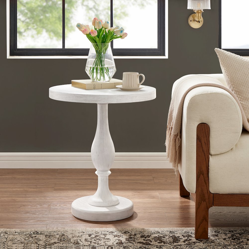 Solmere 22" Round Wood Pedestal End Table, White. Picture 3
